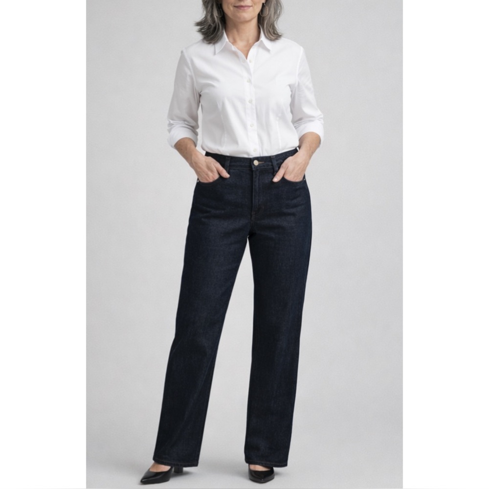 ST JOHN SPORT | High Waist Straight Leg Jeans in Dark Artisan Wash, Size 10